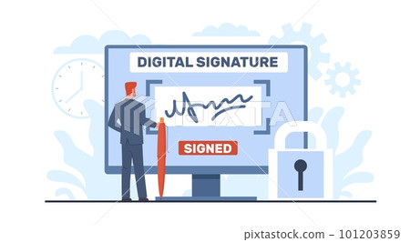 Concept of digital signature, businessman signs an agreement or contract online. Man hold pen, document on computer screen, electronic technology cartoon flat isolated vector concept Concept of digital signature, businessman signs an agreement or contract online. Man hold pen, document on computer screen, electronic technology cartoon flat isolated vector concept 101203859