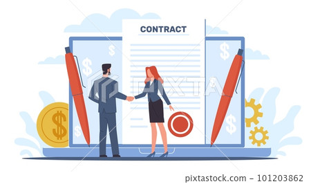 Businessmen man and woman sign contract, formal agreement. Tiny people handshaking and huge document. Professional relationships. Legal deal. Cartoon flat illustration. Vector concept 101203862