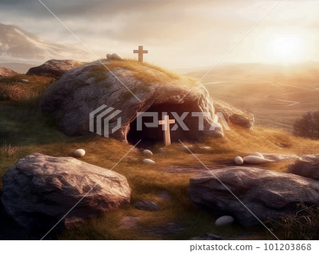 An empty tomb with cross on a hill at dawn. Easter and Good Friday concept An empty tomb with cross on a hill at dawn. Easter and Good Friday concept 101203868