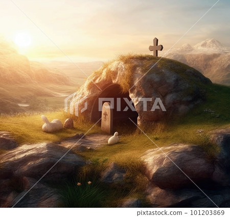An empty tomb with cross on a hill at dawn. Easter and Good Friday concept An empty tomb with cross on a hill at dawn. Easter and Good Friday concept 101203869