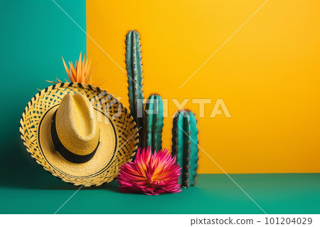 Cinco de Mayo holiday background. Mexican cactus and party sombrero hat on yellow turquoise background. Generative AI illustration 101204029