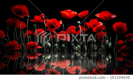 Red poppies as a symbol of memory for the fallen in the war. VE-Day, World War remembrance day. Generative AI illustration 101204030