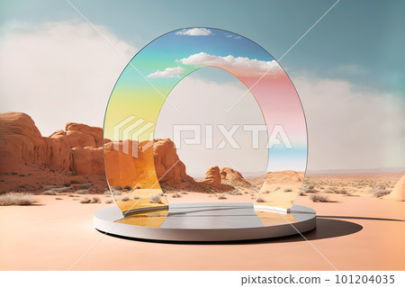 Glass portal podium on surreal desert landscape. Generative AI illustration 101204035