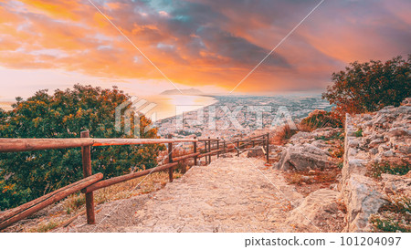 Terracina, Italy. Road To Temple Of Jupiter Anxur And Top View Skyline Cityscape City In Sunset Or Sunrise. Amazing Bright Sky 101204097