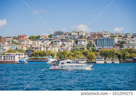 Muslim architecture and water transport in Turkey - Beautiful View touristic landmarks from sea voyage on Bosphorus Muslim architecture and water transport in Turkey - Beautiful View touristic landmarks from sea voyage on Bosphorus 101204273