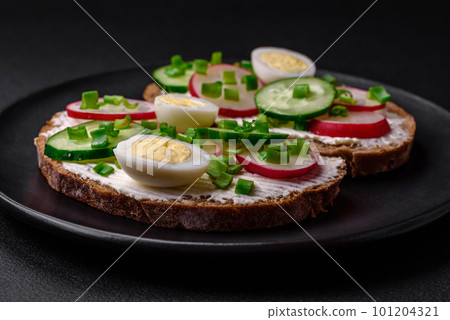 Delicious sandwich or bruschetta with cream cheese radish and green onions 101204321