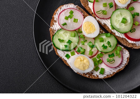Delicious sandwich or bruschetta with cream cheese radish and green onions 101204322