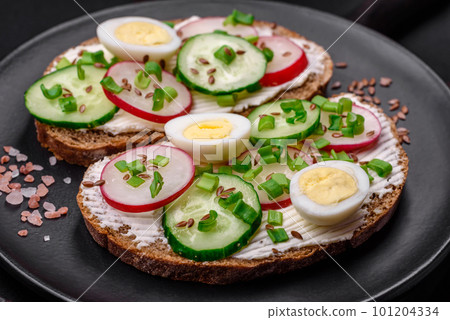 Delicious sandwich or bruschetta with cream cheese radish and green onions 101204334