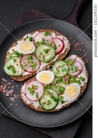Delicious sandwich or bruschetta with cream cheese radish and green onions 101204335