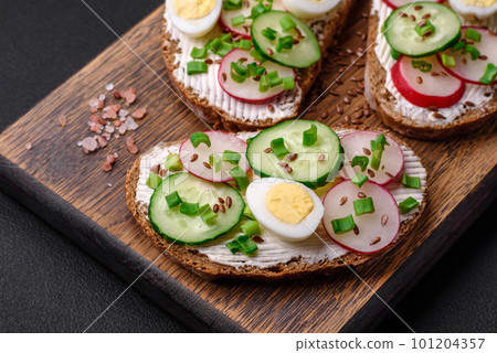 Delicious sandwich or bruschetta with cream cheese radish and green onions Delicious sandwich or bruschetta with cream cheese radish and green onions 101204357
