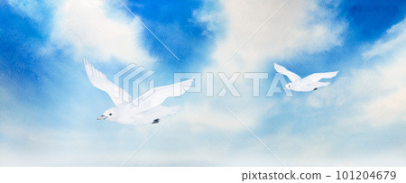 watercolor illustration of landscape, blue sky with white clouds and white seagull watercolor illustration of landscape, blue sky with white clouds and white seagull 101204679