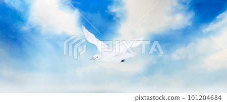 watercolor illustration of landscape, blue sky with white clouds and white seagull watercolor illustration of landscape, blue sky with white clouds and white seagull 101204684