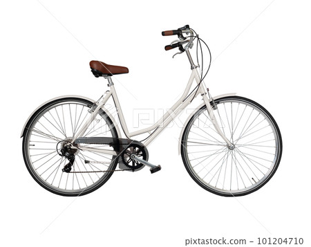 White retro bicycle with brown saddle and handles, generic bike side view 101204710