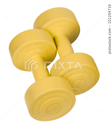 Two bright colored athletic rubber dumbbells isolated on white background 101204716
