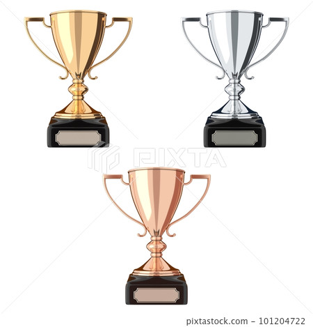 Golden, silver and bronze trophy set 3D illustration Golden, silver and bronze trophy set 3D illustration 101204722