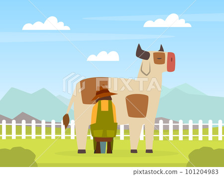 Back view of male farmer milking cow on farm cartoon vector Back view of male farmer milking cow on farm cartoon vector 101204983