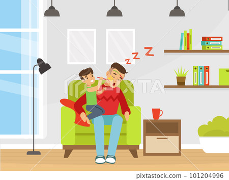 Tired Man Dad Sleeping in Armchair with His Son Drawing with Felt Pen on His Face Vector Illustration 101204996