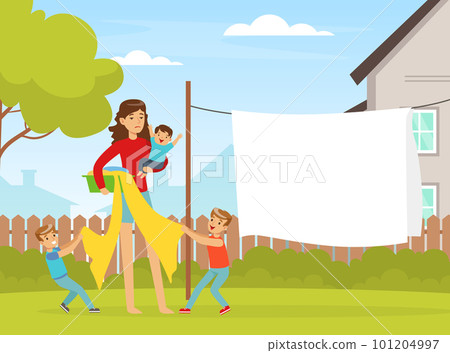 Tired Woman Mother Holding Basket with Laundry and Naughty Children Pulling Bedsheet Vector Illustration 101204997