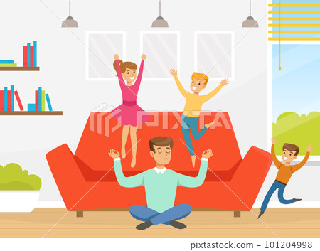 Tired Man Dad Sitting in Yoga Pose with Naughty Children Jumping on Sofa Vector Illustration Tired Man Dad Sitting in Yoga Pose with Naughty Children Jumping on Sofa Vector Illustration 101204998