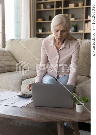 Focused mature lady using laptop, calculator at home Focused mature lady using laptop, calculator at home 101205356