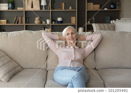 Thoughtful positive old senior woman resting on comfortable sofa 101205491
