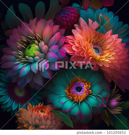 Original floral vibrant design with exotic flowers and tropic leaves. Colorful flowers on dark background. Original floral vibrant design with exotic flowers and tropic leaves. Colorful flowers on dark background. 101205652