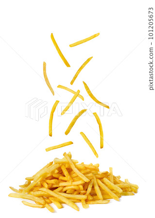 Flying fried potatoes isolated on a white background. Fastfood Flying fried potatoes isolated on a white background. Fastfood 101205673
