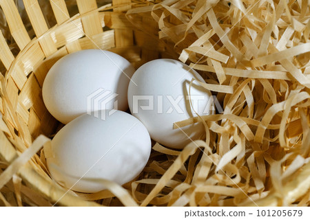 Chicken eggs in a basket. Organic products Chicken eggs in a basket. Organic products 101205679
