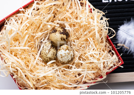 Happy easter. Easter quail eggs on a white background. 101205776