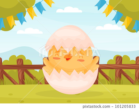 Cute Yellow Chicken Hatched from Egg Shell on Green Lawn Vector Illustration Cute Yellow Chicken Hatched from Egg Shell on Green Lawn Vector Illustration 101205833