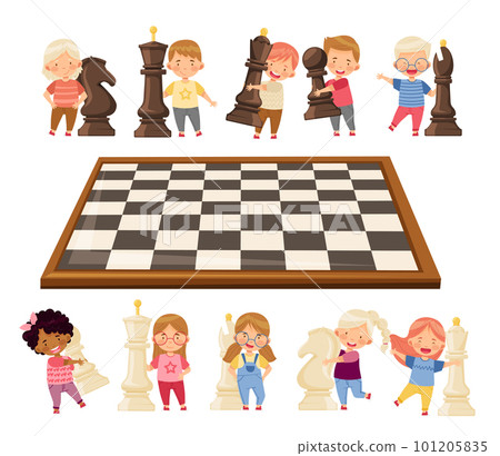 Cute Kids Playing Chess Moving Piece on Chessboard Big Vector Set 101205835