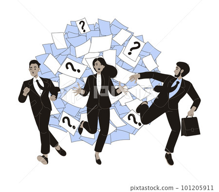 Office Bureaucracy with Man and Woman Character Escaping from Loads of Paperwork Vector Illustration 101205911