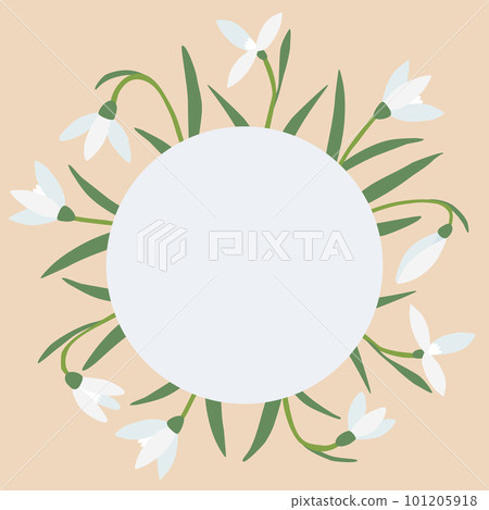 Round frame with snowdrops spring flowers on beige background, place for text, vector 101205918