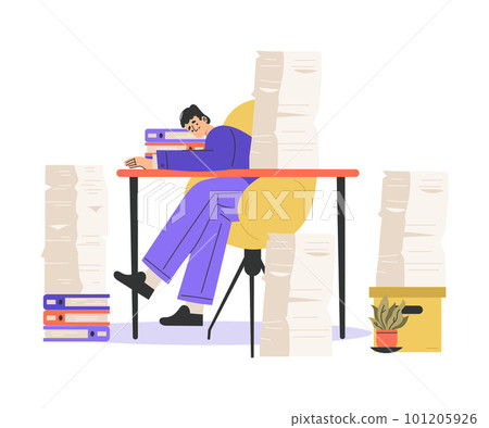 Office Bureaucracy with Man Character Sitting at Desk with Loads of Paperwork Vector Illustration 101205926
