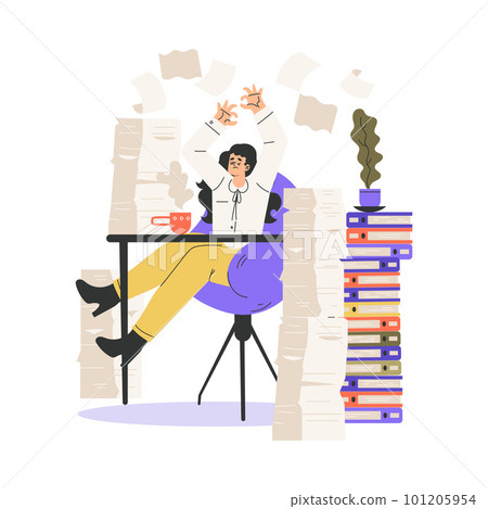 Office Bureaucracy with Woman Character Sitting at Desk with Loads of Paperwork Trying to Concentrate Vector Illustration 101205954