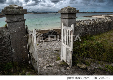 Open Door To Lighthouse At Beach Of Saint Cava On Finistere Island Wrach In Brittany, France 101206089