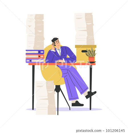 Office Bureaucracy with Man Character Sitting at Desk with Loads of Paperwork Vector Illustration Office Bureaucracy with Man Character Sitting at Desk with Loads of Paperwork Vector Illustration 101206145
