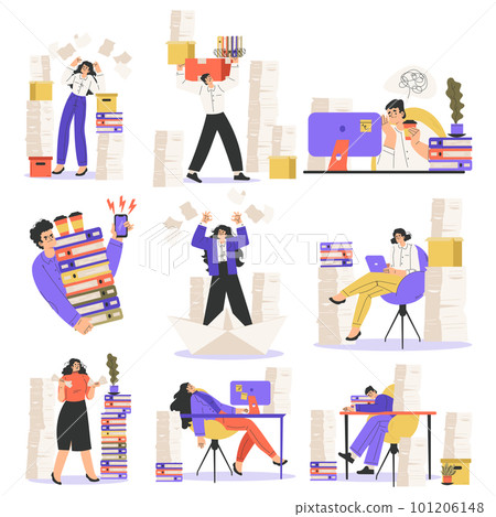 Office Bureaucracy with People Characters Having Loads of Paperwork Vector Set Office Bureaucracy with People Characters Having Loads of Paperwork Vector Set 101206148
