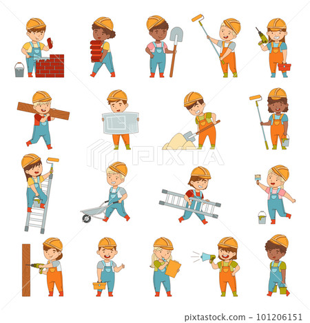 Little Builders Wearing Hard Hat and Overall Performing Work on Construction Site Big Vector Set 101206151
