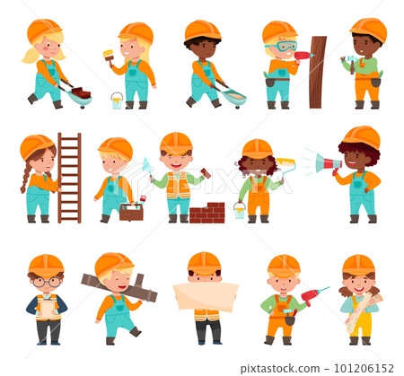 Little Builders Wearing Hard Hat with Construction Tools Executing Work Big Vector Set 101206152