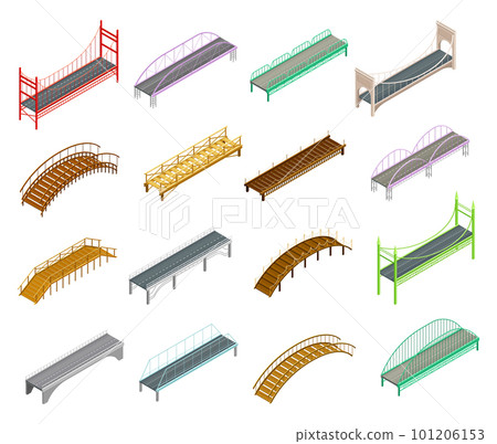 Fixed Bridges Made of Wood or Metal with Beam and Arch Bridge Isometric Big Vector Set Fixed Bridges Made of Wood or Metal with Beam and Arch Bridge Isometric Big Vector Set 101206153