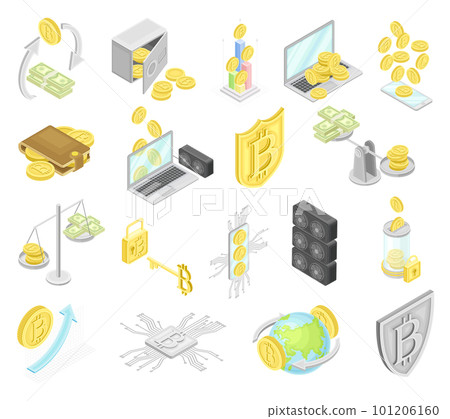Bitcoin Blockchain Technology with Hardware and Transactions Isometric Big Vector Set Bitcoin Blockchain Technology with Hardware and Transactions Isometric Big Vector Set 101206160