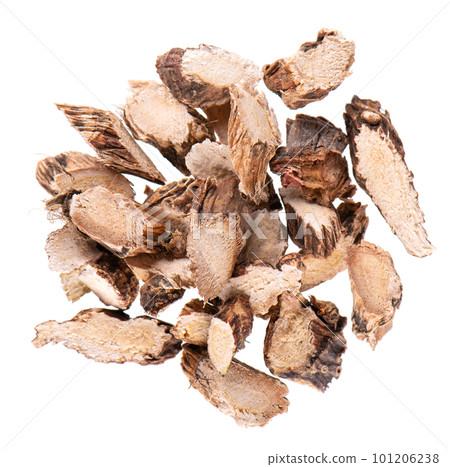 Calamus root isolated on white background. Sweet flag, sway or muskrat root, vasambu. Dry root of Acorus calamus. Top view. Calamus root isolated on white background. Sweet flag, sway or muskrat root, vasambu. Dry root of Acorus calamus. Top view. 101206238