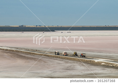 Trucks unloading raw salt bulk, Salinas Grandes de Hidalgo, La Pampa, Argentina. Trucks unloading raw salt bulk, Salinas Grandes de Hidalgo, La Pampa, Argentina. 101207168