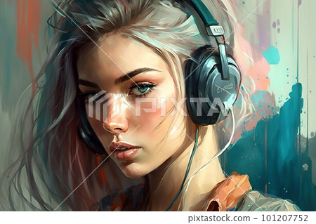 Young woman listens music, portrait of girl with headphones, illustration, generative AI. 101207752