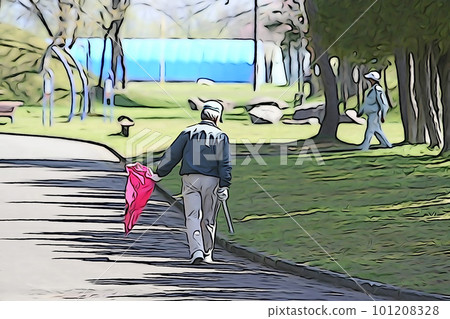 柔和的風格“一個男人撿垃圾和一個女人散步”插圖圖像一個男人撿垃圾和一個女人散步 101208328