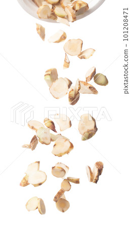Galangal fall fly in cup, fresh vegetable spice galangal falling. Organic fresh herbal galangal root head cut chop slice, close up texture. White background isolated freeze motion high speed shutter 101208471