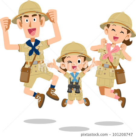 一家人穿著探險服跳躍 101208747