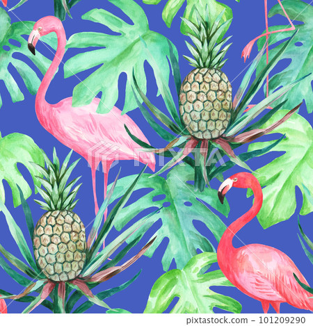 Colorful watercolor seamless pattern with pink flamingo, pineapple, monstera tropical leaves Colorful watercolor seamless pattern with pink flamingo, pineapple, monstera tropical leaves 101209290