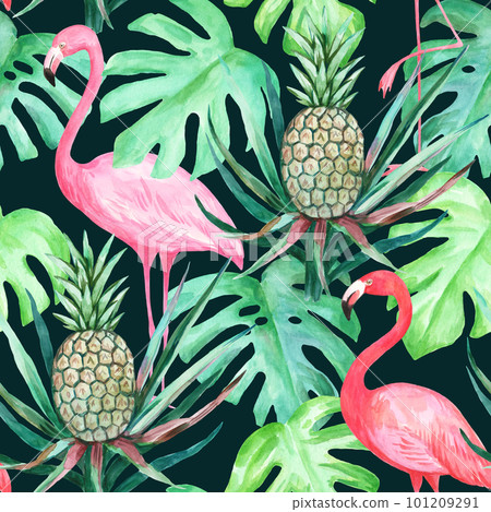 Colorful watercolor seamless pattern with pink flamingo, pineapple, monstera tropical leaves 101209291